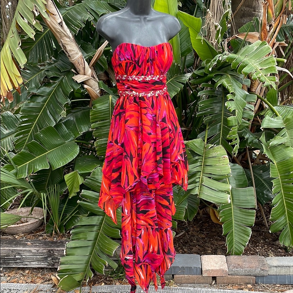 Morgan and Cole strapless asymmetric or Hilow car wash prom dress